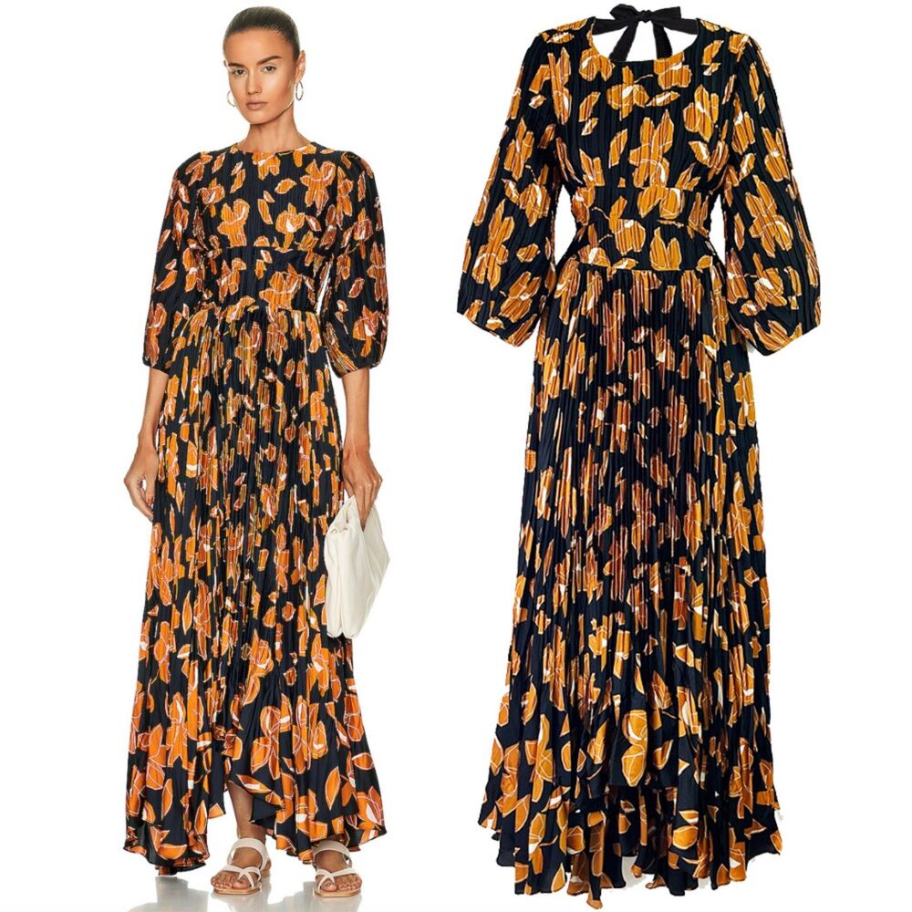 SIMKHAI Black & Gold Floral Ames Midi Dress (8) Pleated Plissé-Satin - Picture 2 of 16
